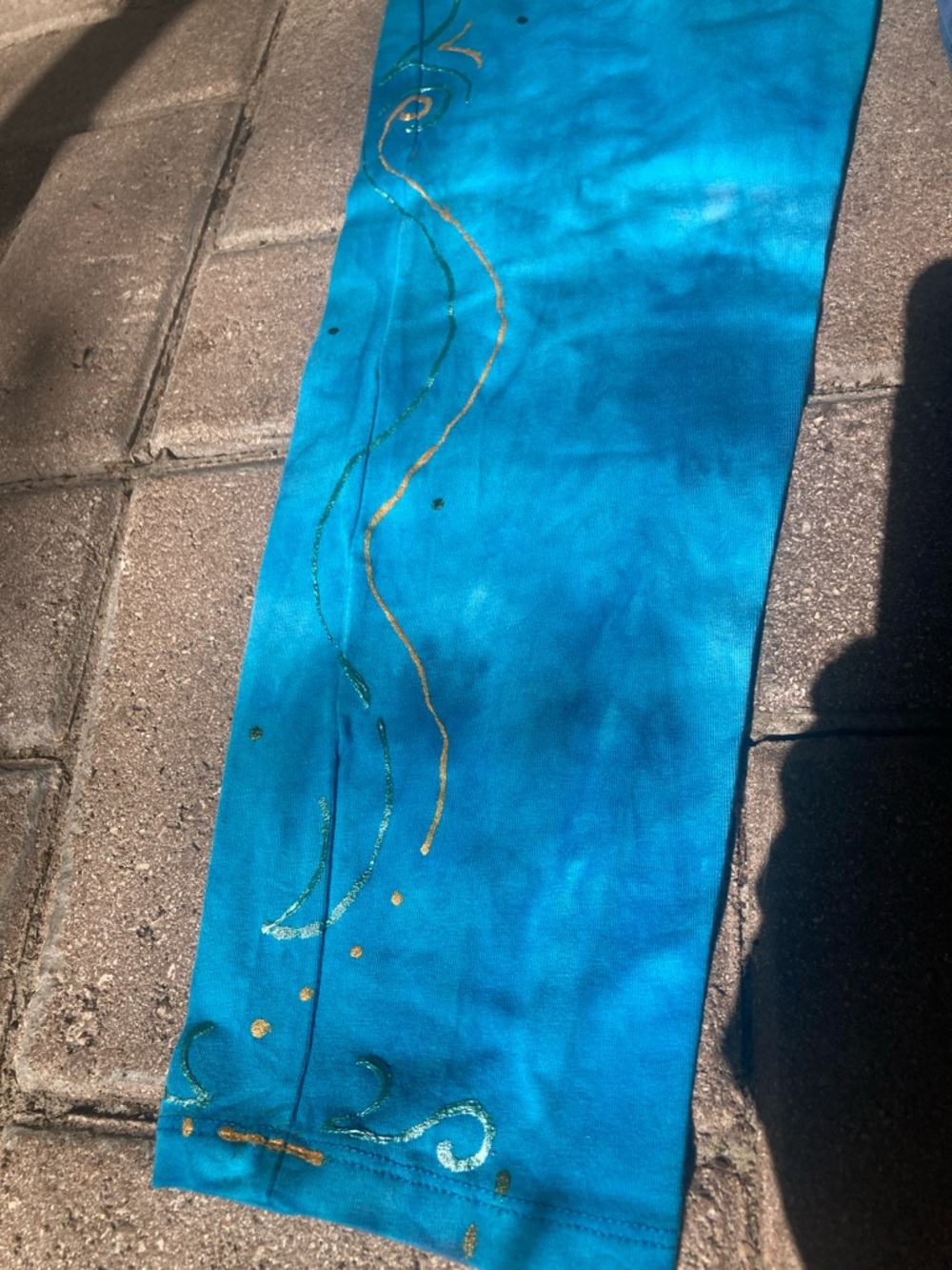 Hand Crafted Blue Tie-Dye Leggings with Gold Accent - Picture 2 of 7